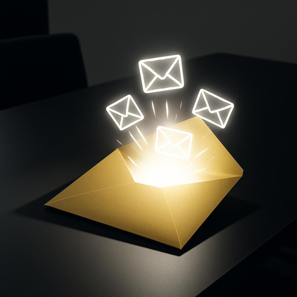 An open gold color envelope with 3 white email icons floating out of it.