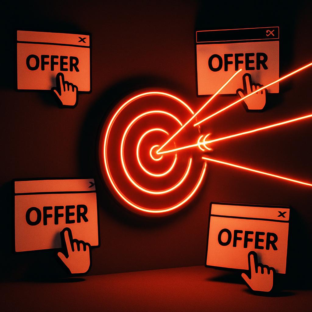 Computer mouse pointer on bullseye with neon lights, being targeted by 4 "Offer" pop up browser windows.