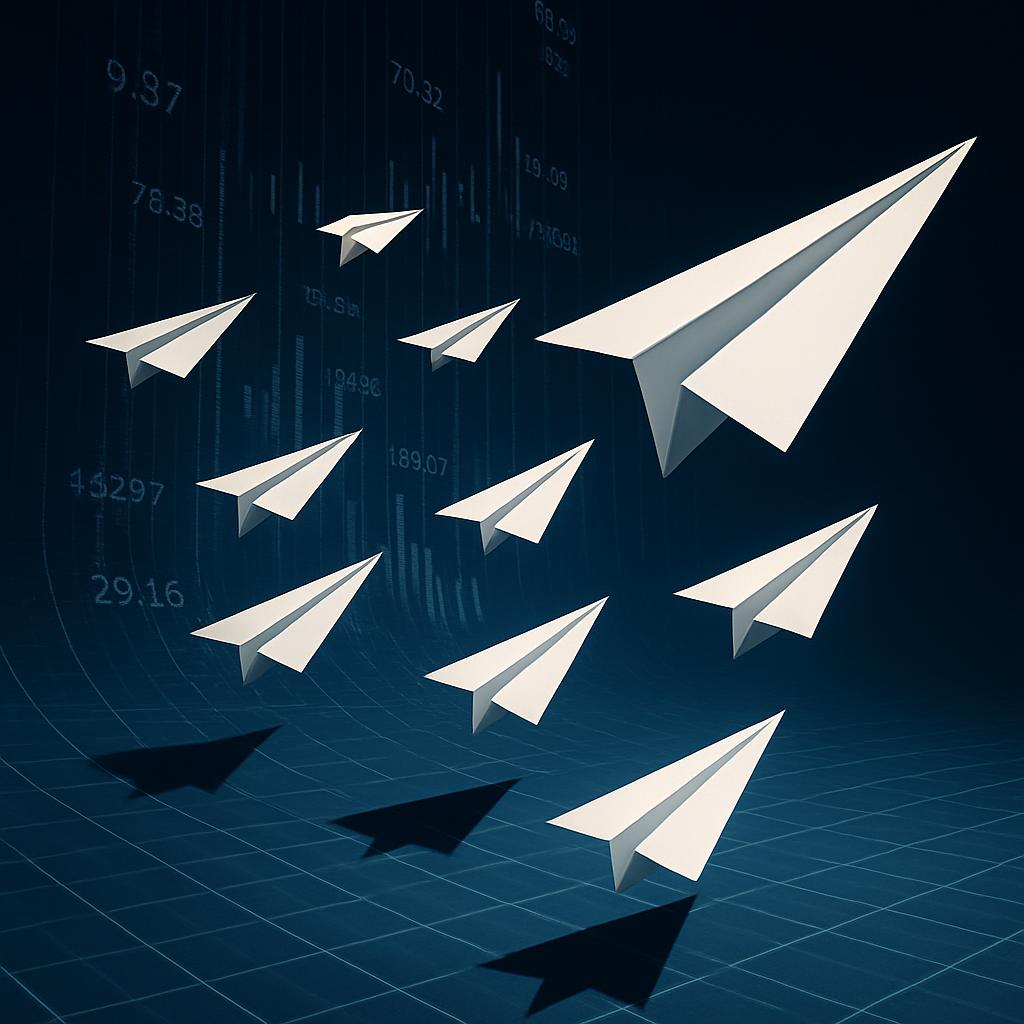 A 3D illustration of paper airplanes flying upward from the bottom of the image, away from a background graph.
