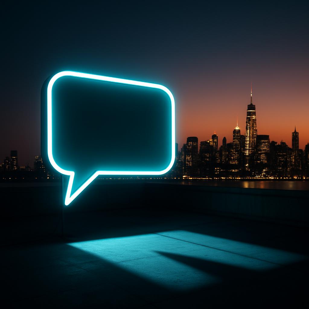 cityscape at sunset with glowing teal neon blue speech bubble in foreground and stadium-style spotlight.