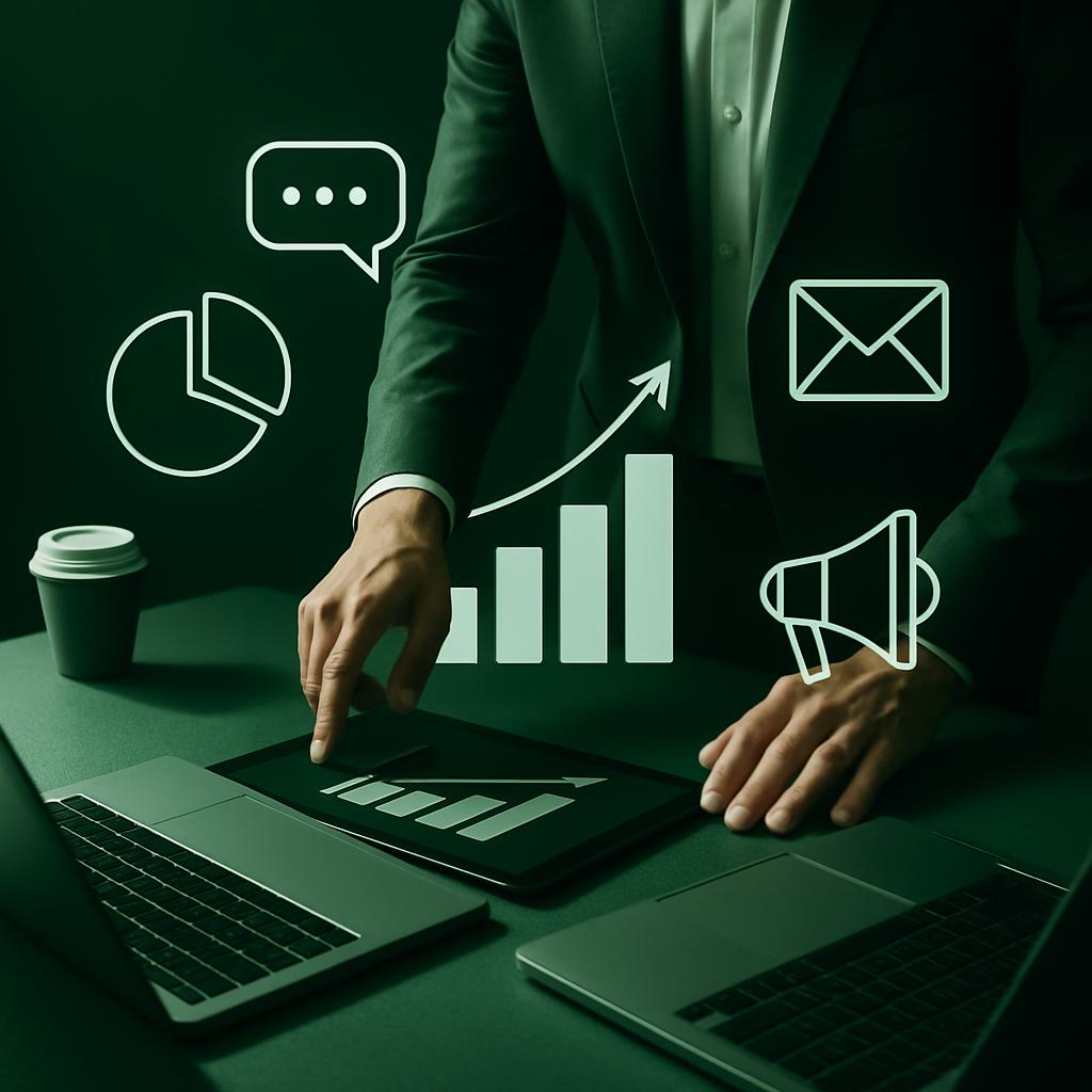 A person in a suit points on a modern-looking green desk that hosts two laptops and a coffee cup. The desk is next to a da...